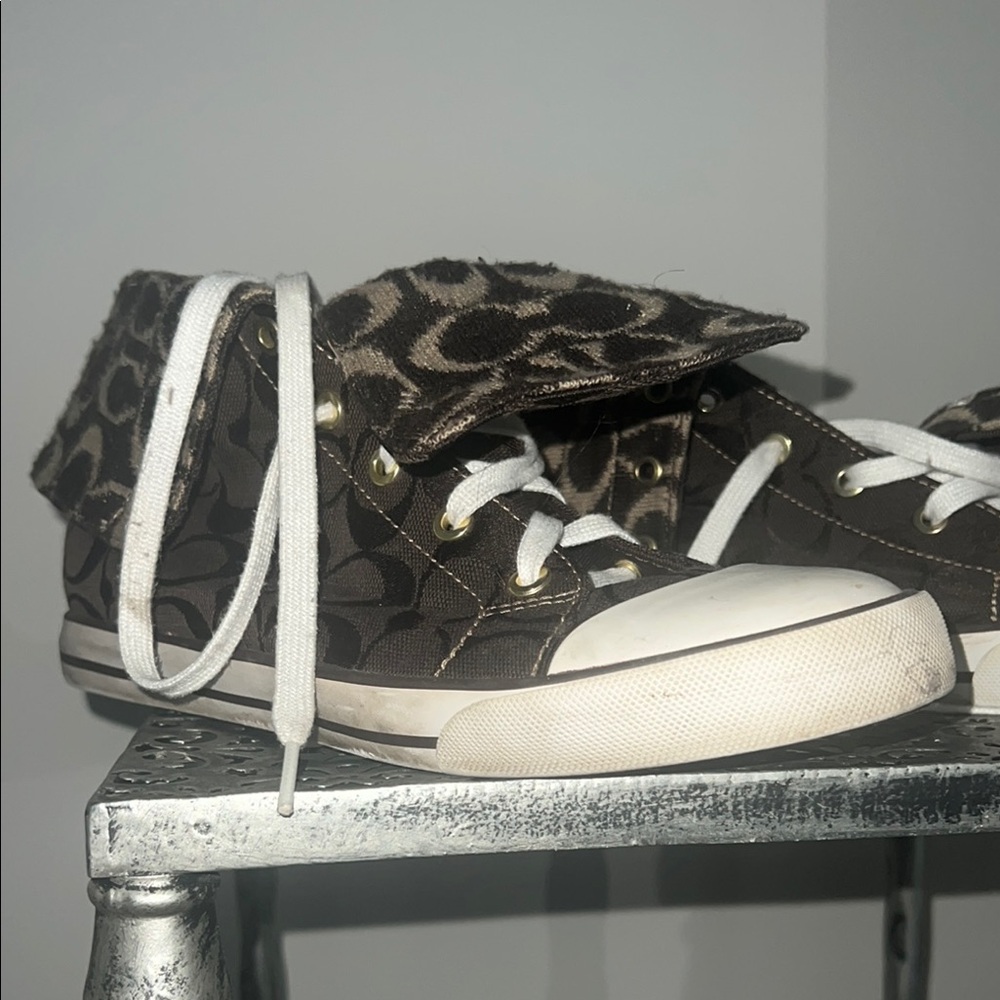 Coach Brown Logo High-Top Sneakers with White Accents